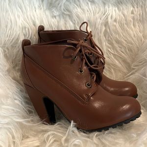 Bamboo Women Round Toe Lace up Ankle Buckle Chunky High Heel Platform - Cognac
